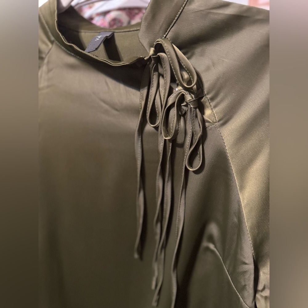 Y.A.S Olive Green Satin Top with tie neck accent - Picture 7 of 8